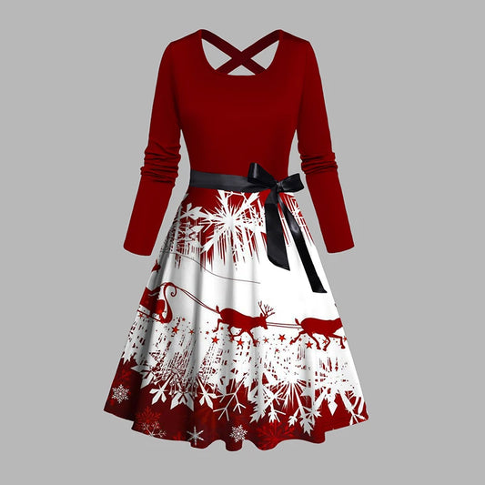 Women's A-Line Midi Christmas Snowflake Elk Sleigh Ride Print Crisscross Bowknot Belted Dress