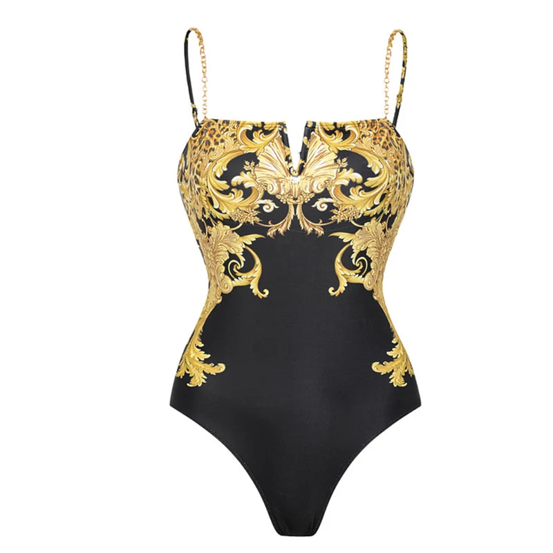 Vintage Baroque Print V-Neck One-Piece Swimsuit – Chain Detail Monokini