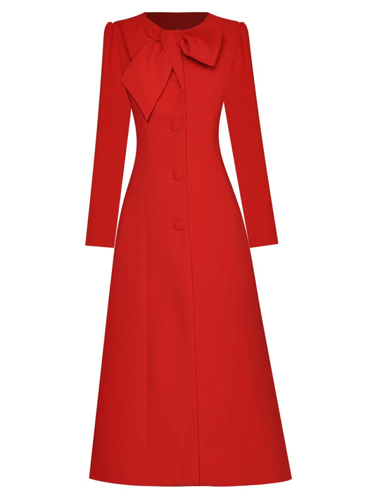 Red Winter Dress With Bow O Neck Long Sleeve Slim Fit