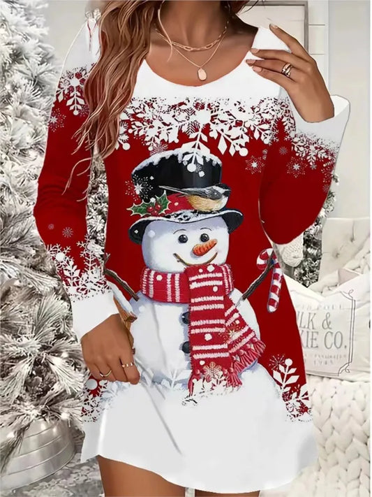 Women's Christmas Casual Snowflake And Christmas Tree Print Dress