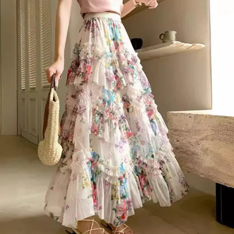 Floral Print Mesh Tulle A-Line Long Skirt