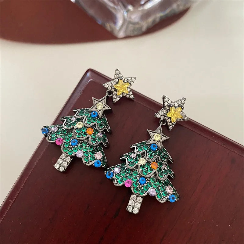 Christmas Tree Zircon Crystal Earrings Silver Tone Stud