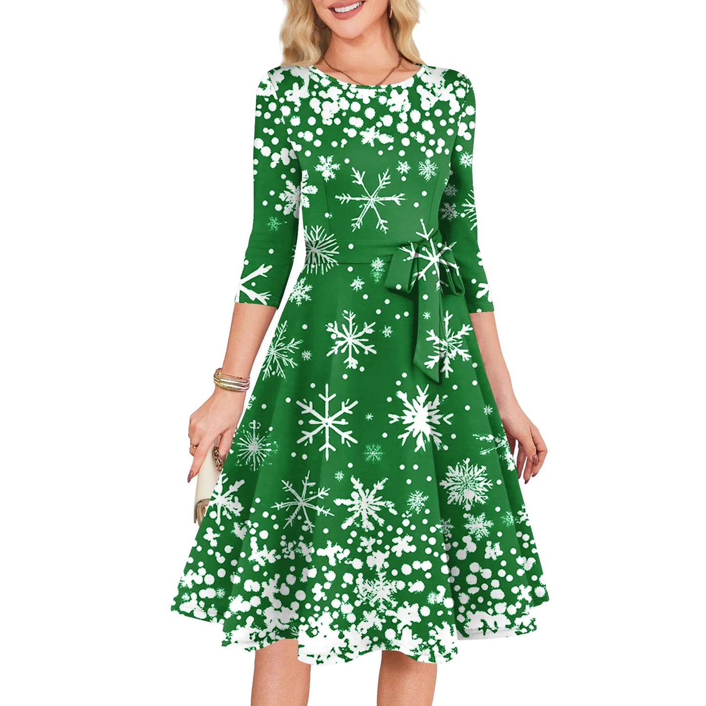 Women's A Line O Neck Polyester Dress Christmas Print Slim