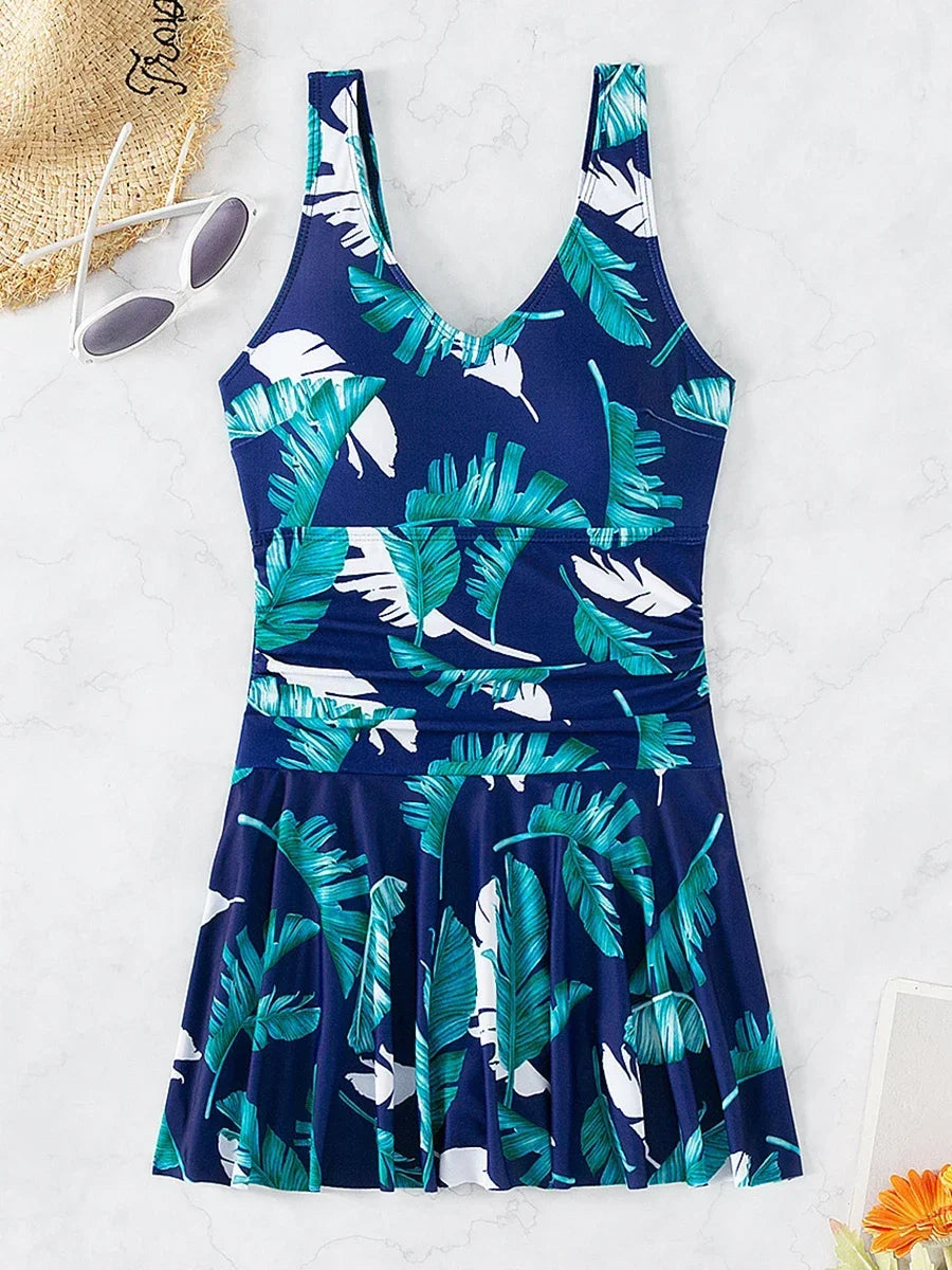 Plus Size Leaves Print One-Piece Padded Swimsuit Swimdress