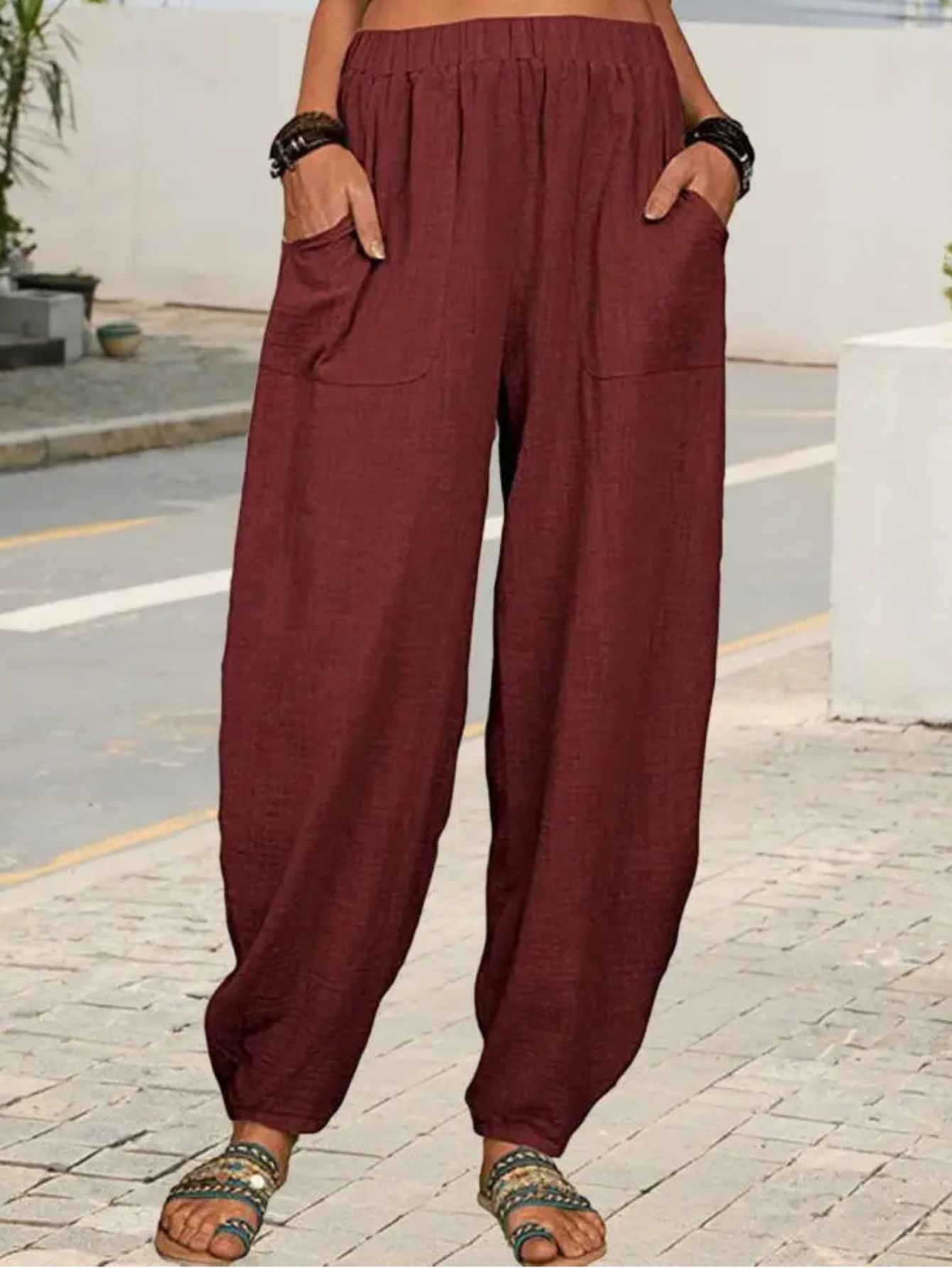Womens Harem Pants | Cotton Linen Blend | Solid Relaxed Fit