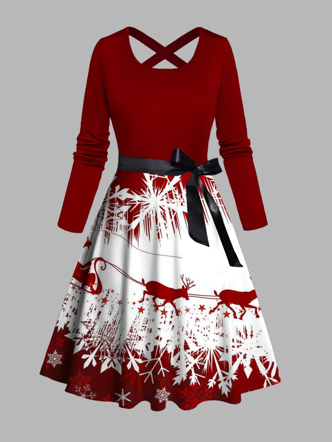 Women's A-Line Midi Christmas Snowflake Elk Sleigh Ride Print Crisscross Bowknot Belted Dress