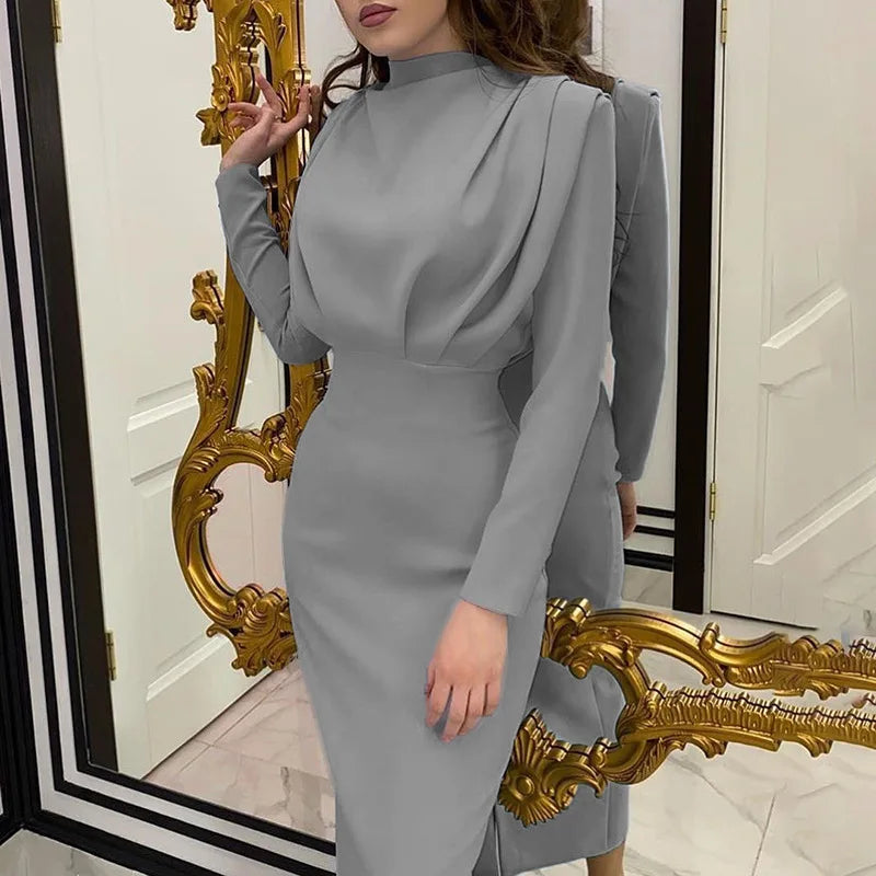 Blue Bodycon Midi Dress With Turtleneck Long Sleeve