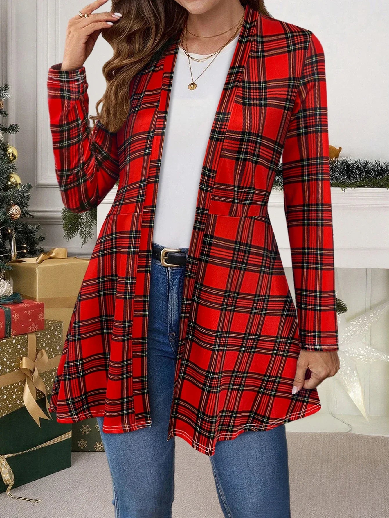 Christmas Plaid Knit Open Front Cardigan