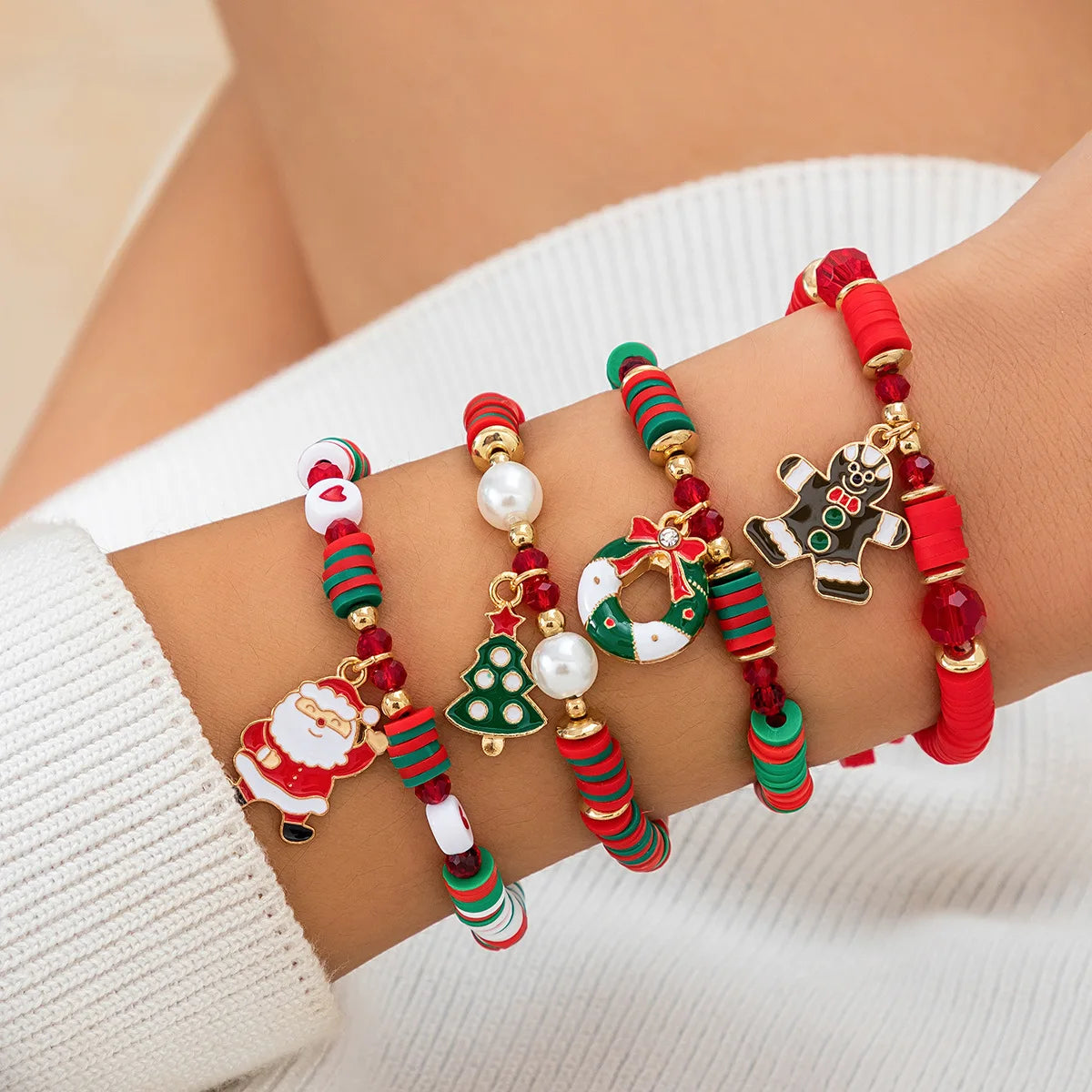 Snowman Ceramic Beads Bracelet Soft Elastic Christmas Gift