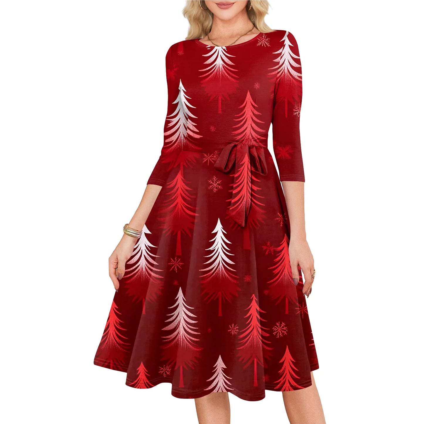 Women's A Line O Neck Polyester Dress Christmas Print Slim