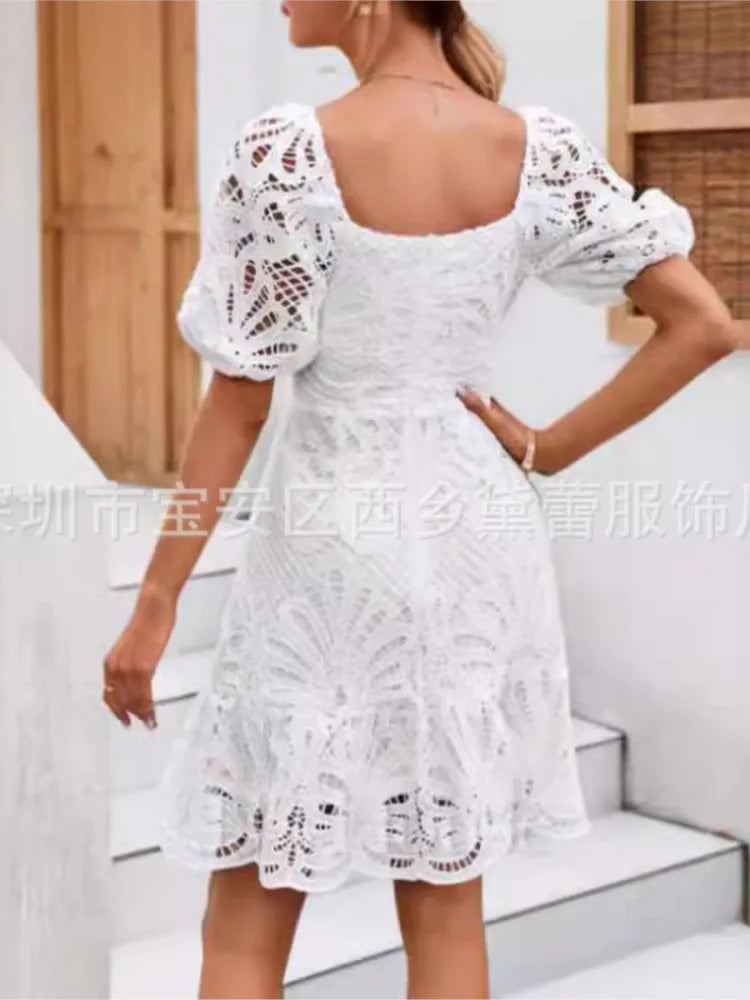 Summer Hollow Out White Party Dress - Elegant Lace Mini