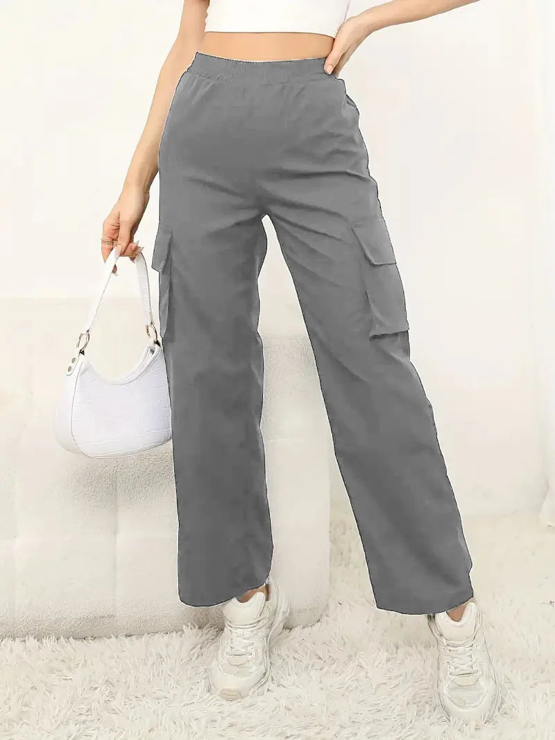 Womens Cargo Pants Regular Fit Polyester Solid High Waist