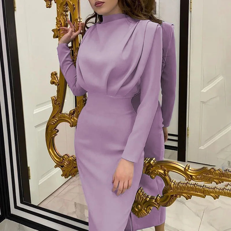 Blue Bodycon Midi Dress With Turtleneck Long Sleeve