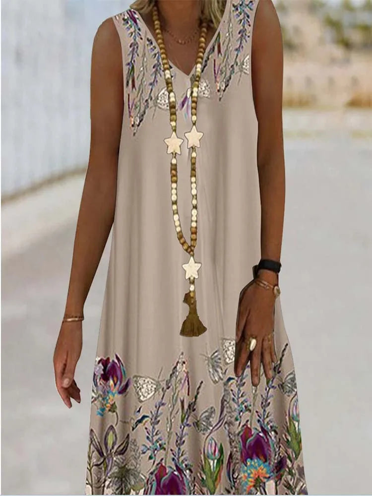Women's Sleeveless V-Neck Dress Plant Print - Beachwear