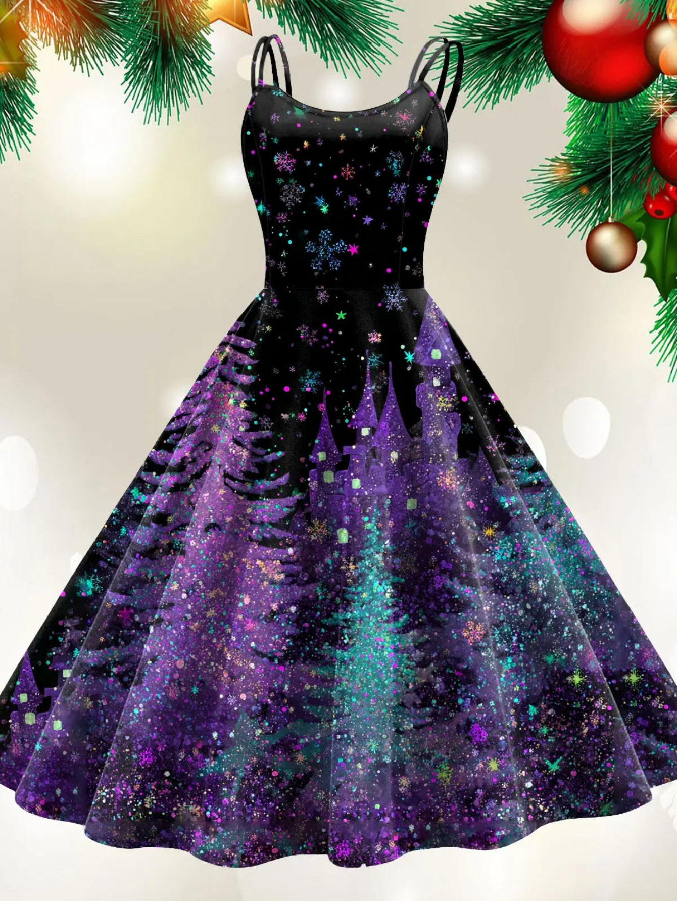 Retro Paint Print Christmas Tree Sleeveless Midi Dress