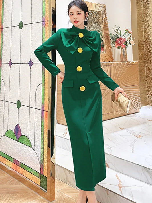 Autumn Runway Midi Dress Stand Neckline Long Sleeve XXL