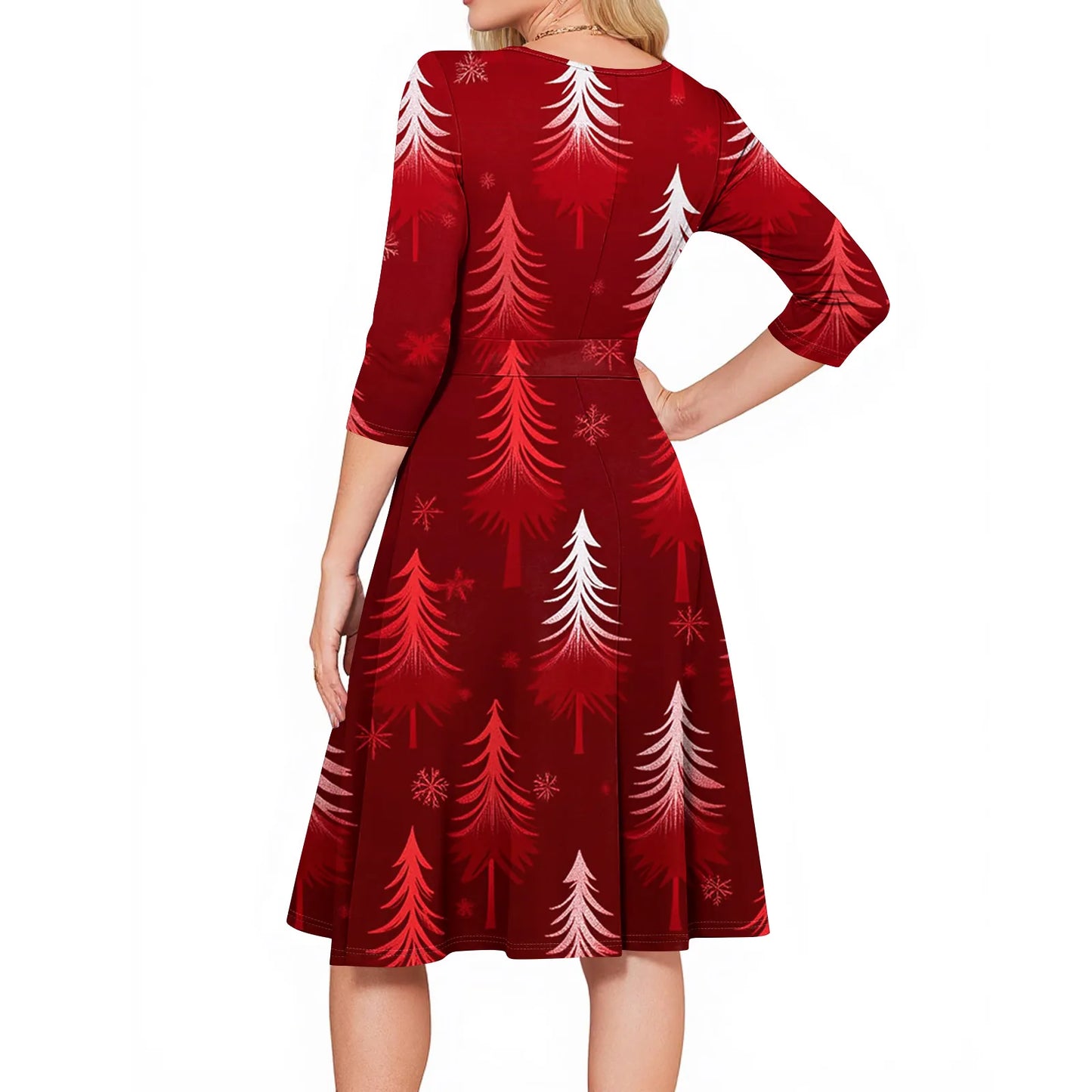 Women's A Line O Neck Polyester Dress Christmas Print Slim