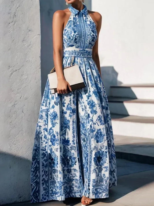 Vintage Blue Floral Lapel Dress – Elegant Sleeveless A-Line Summer Dress