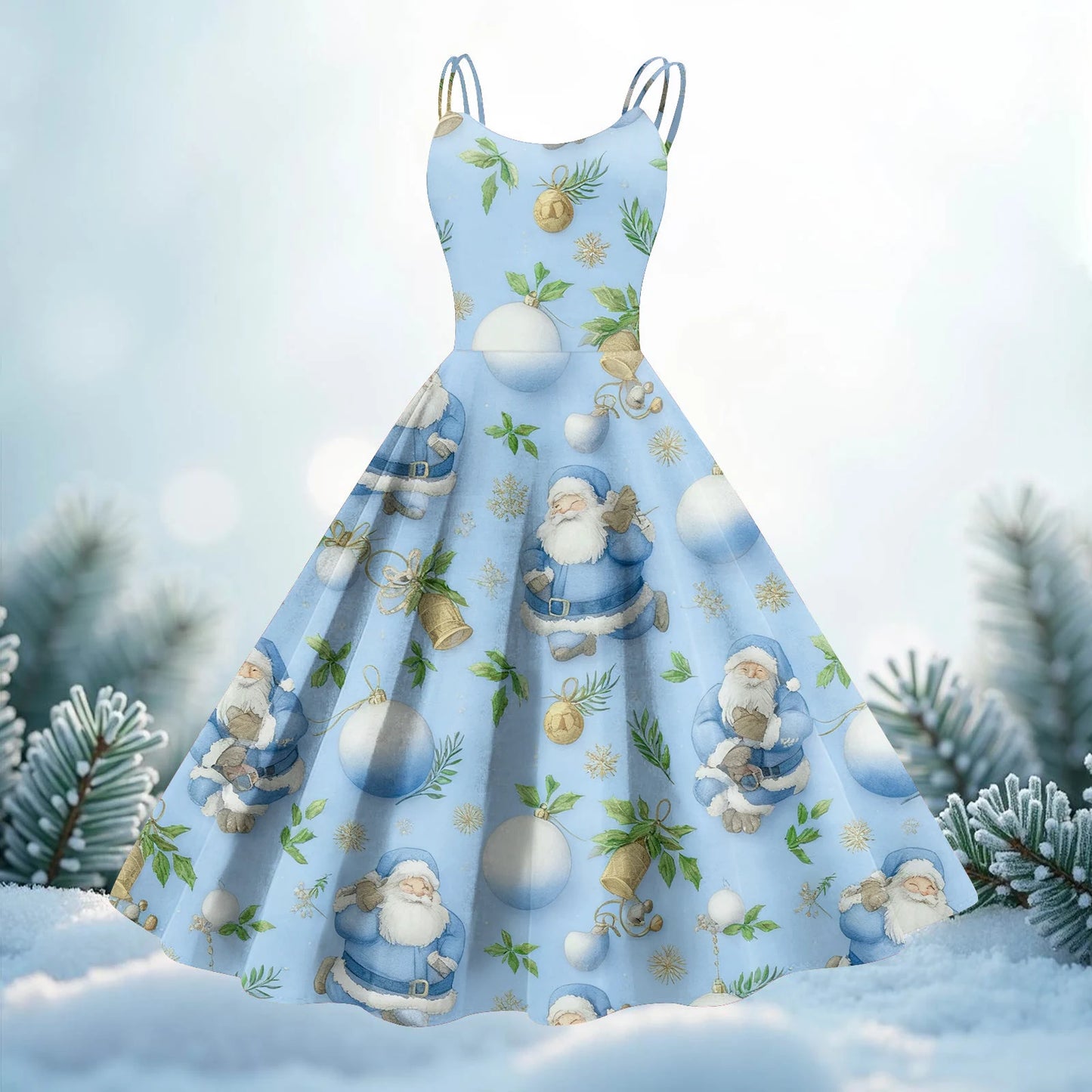 Round Neck Polyester Christmas Print Women's Loose Dress