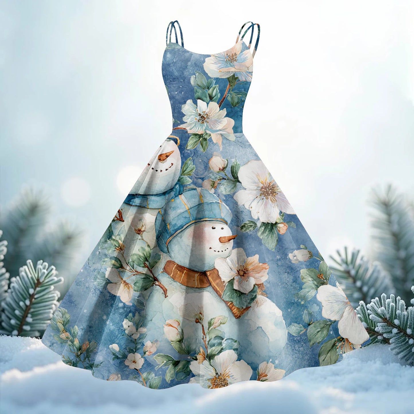 Women Christmas Print Spaghetti Strap Polyester Dress