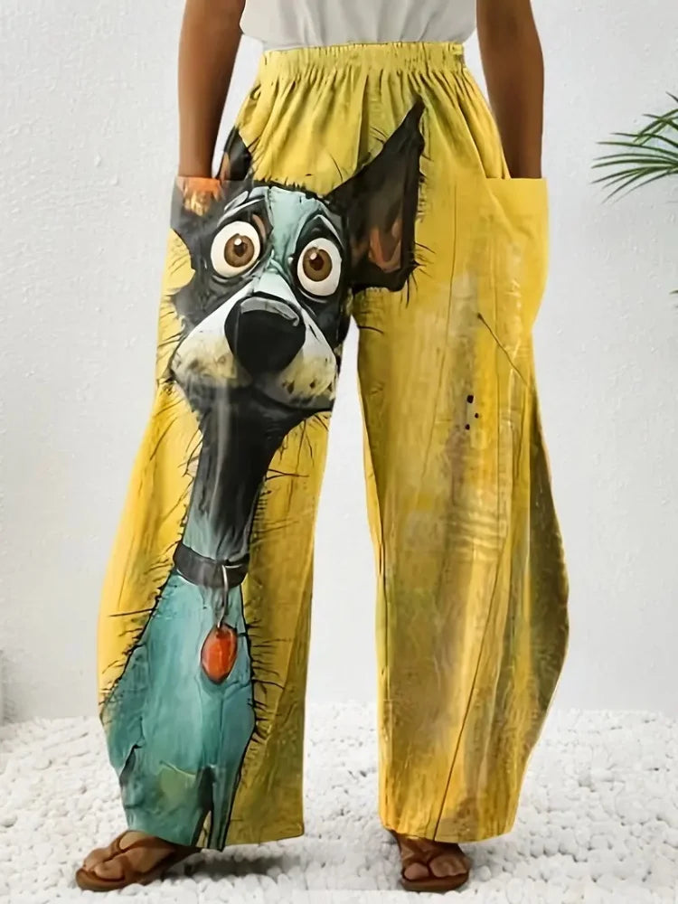 Women's Loose Bloomers Cartoon Dog Animal Print Polyester Pocket