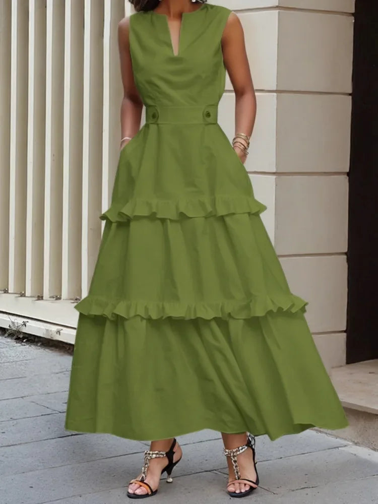 Cotton Blended Summer Dress - High Waist Pleated