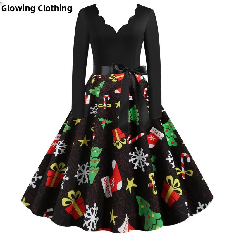 Women's Slim Fit Christmas Print Long Sleeve Dress Polyester