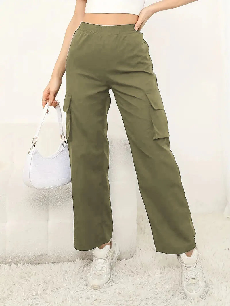 Womens Cargo Pants Regular Fit Polyester Solid High Waist