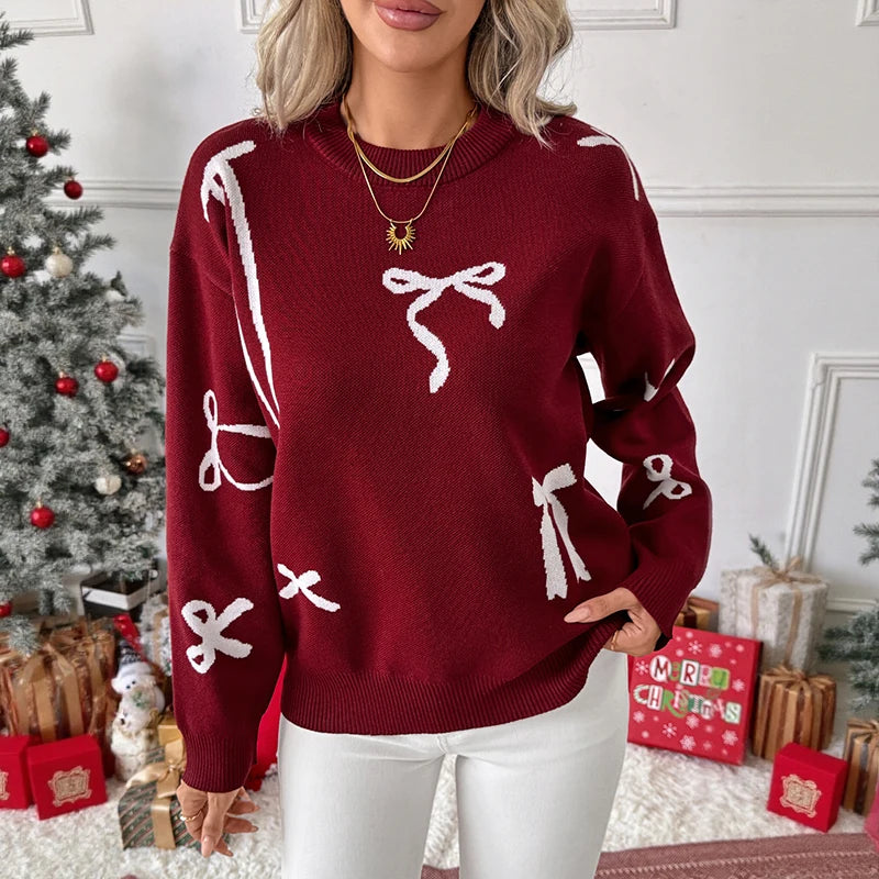 European And American Christmas Bow Knit Pullover Sweater