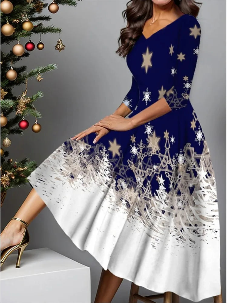 Slim V-Neck Snowflake Print Polyester Dress Womens