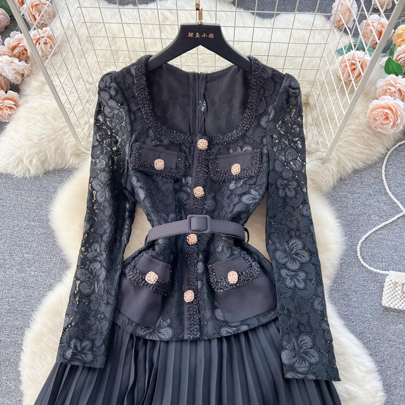 Elegant Lace Patchwork Belted Midi Dress For Party Wear
