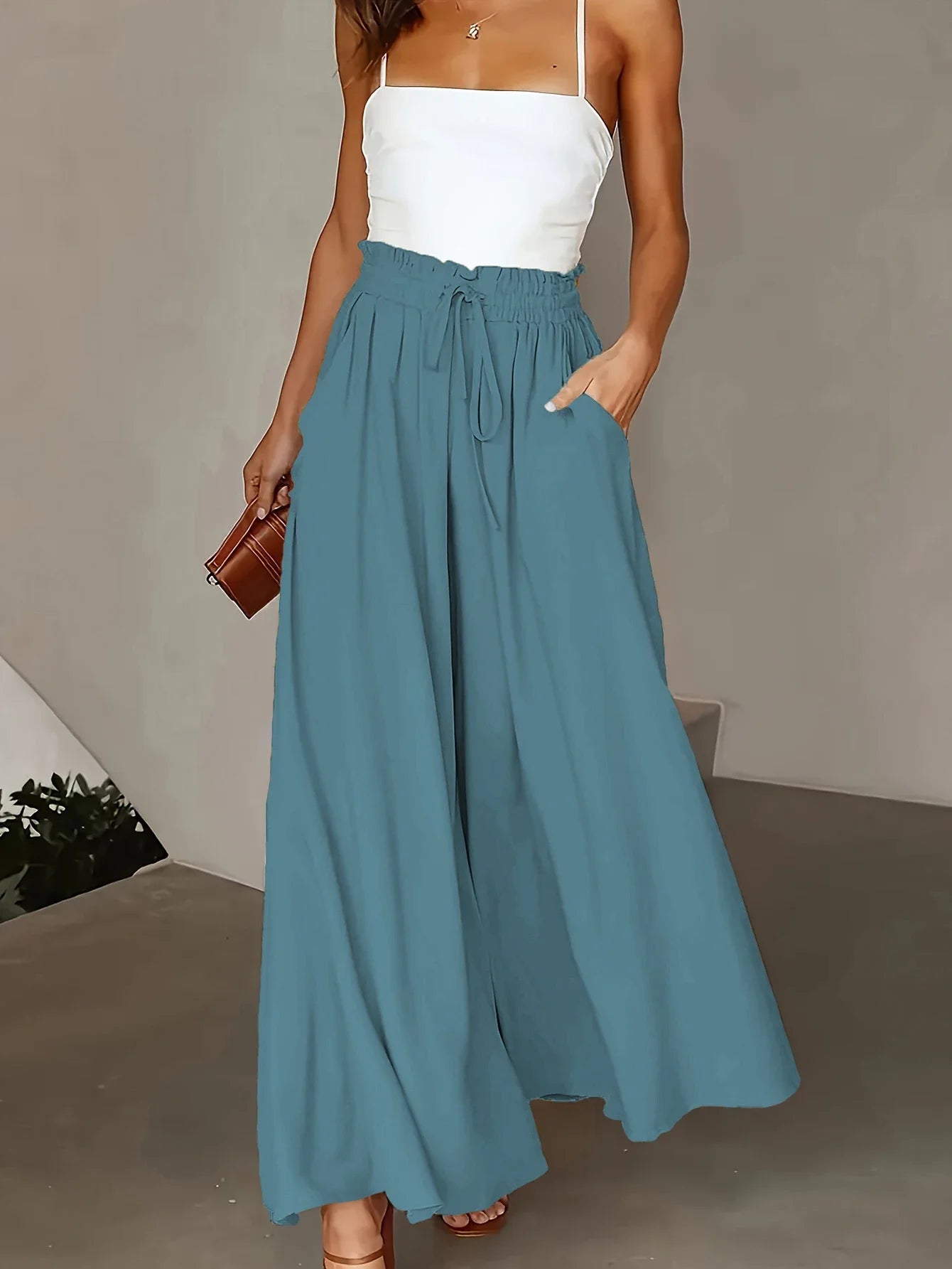 Plus Size Polyester Wide Leg Pants | Elastic High Waist | Ankle Length