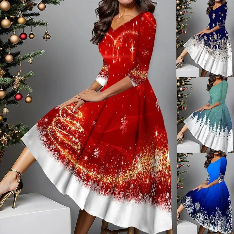 Women's Christmas Print Knit Long Sleeve Dress Polyester