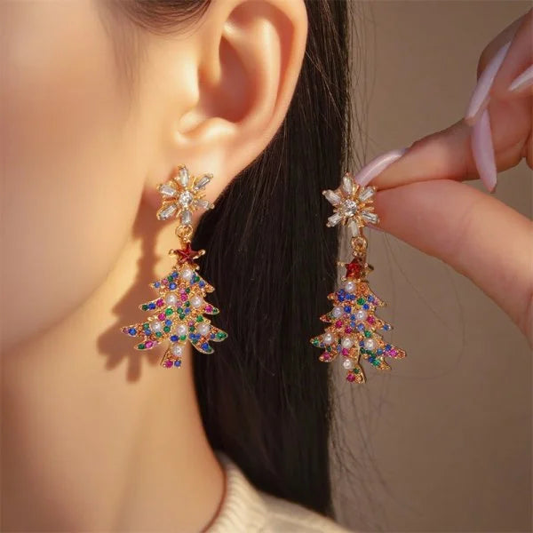 Christmas Tree & Bells Zircon Crystal Earrings Silver Tone