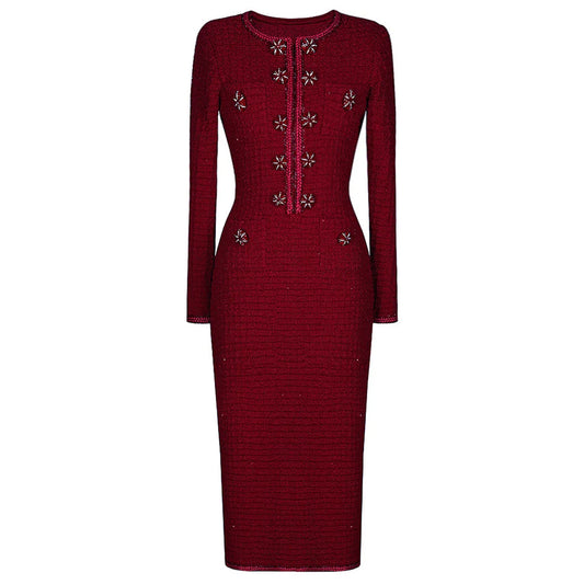 Luxury Double Breasted Crystal Bead Knit Evening Dress