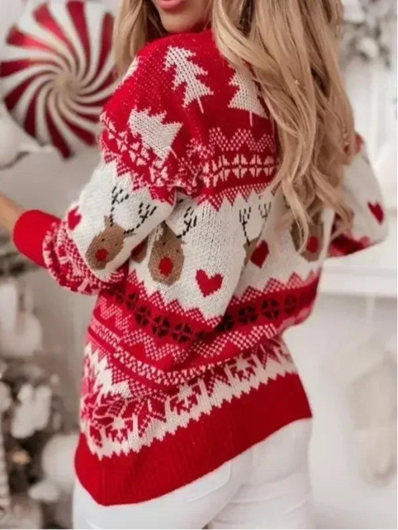 Christmas Elk Print Winter Knit Sweater Long Sleeve Pullover