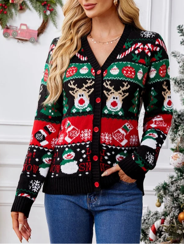 Christmas Cartoon Knit Sweater Full Sleeve Cardigan Warm