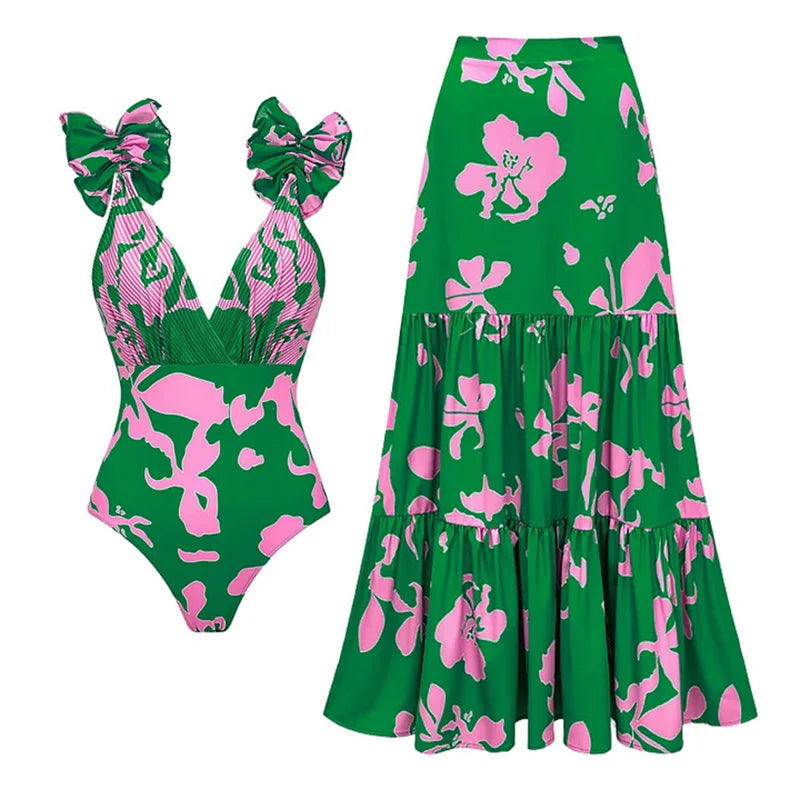 Flower Ruffle Swimsuit With Cover Up V Neck Bikini