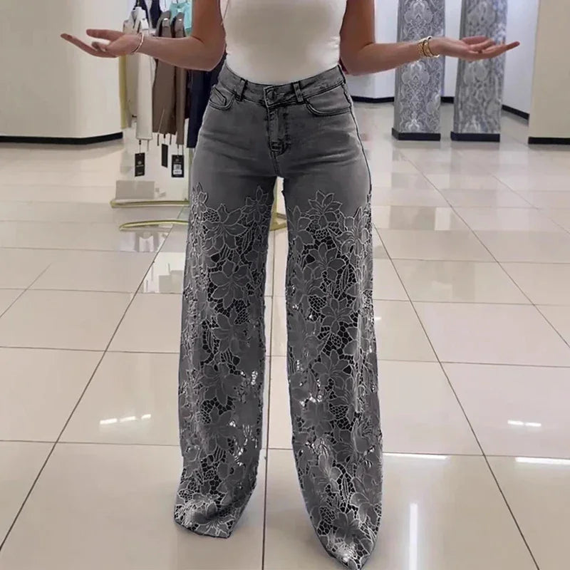 Lace Hollow Jeans High Waist Wide Leg Crochet Spliced