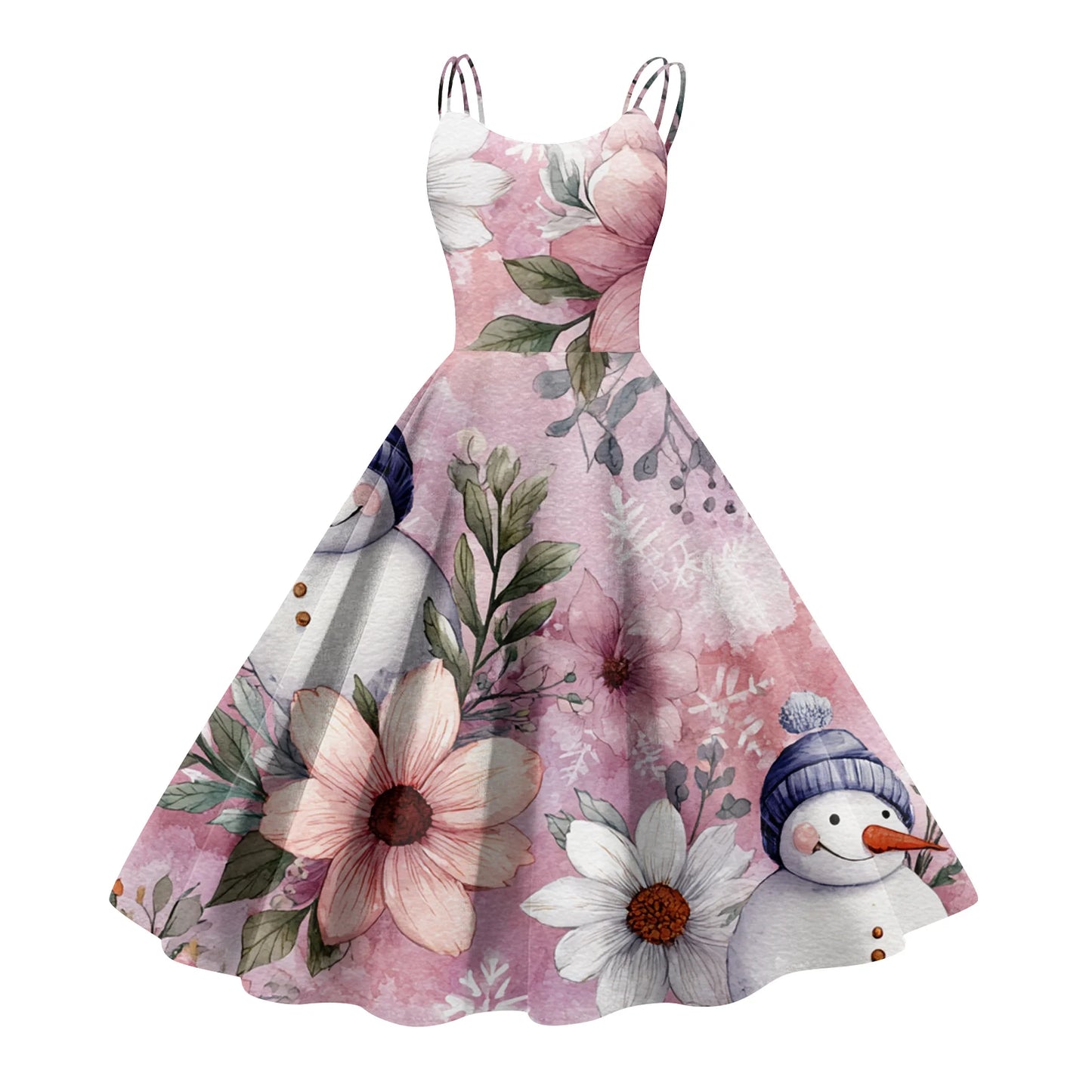 Women Christmas Print Spaghetti Strap Polyester Dress