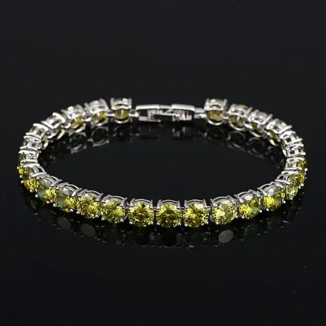 Olive Green CZ Crystal Tennis Bracelet | Silver Plated