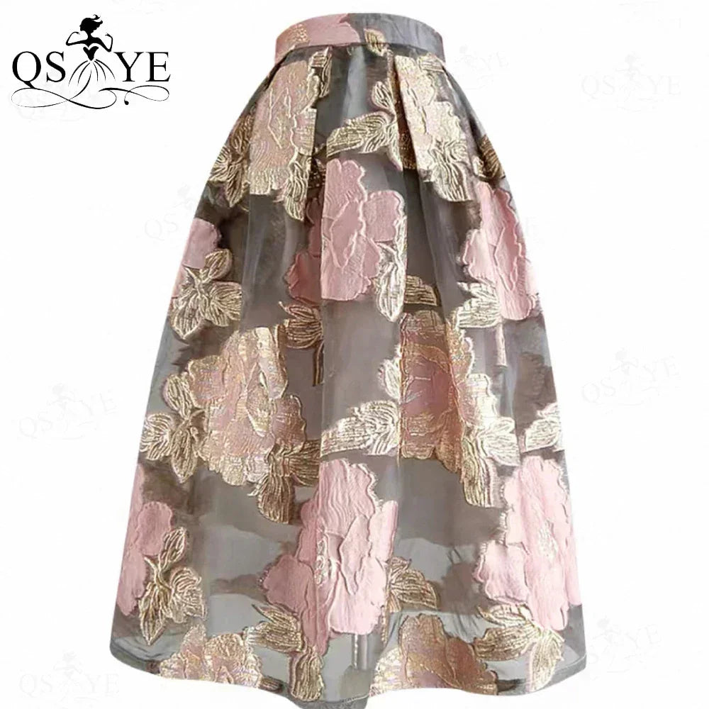 Fuchsia Cutwork Embroidery A-Line Satin Overlay Maxi Evening Gown Skirt