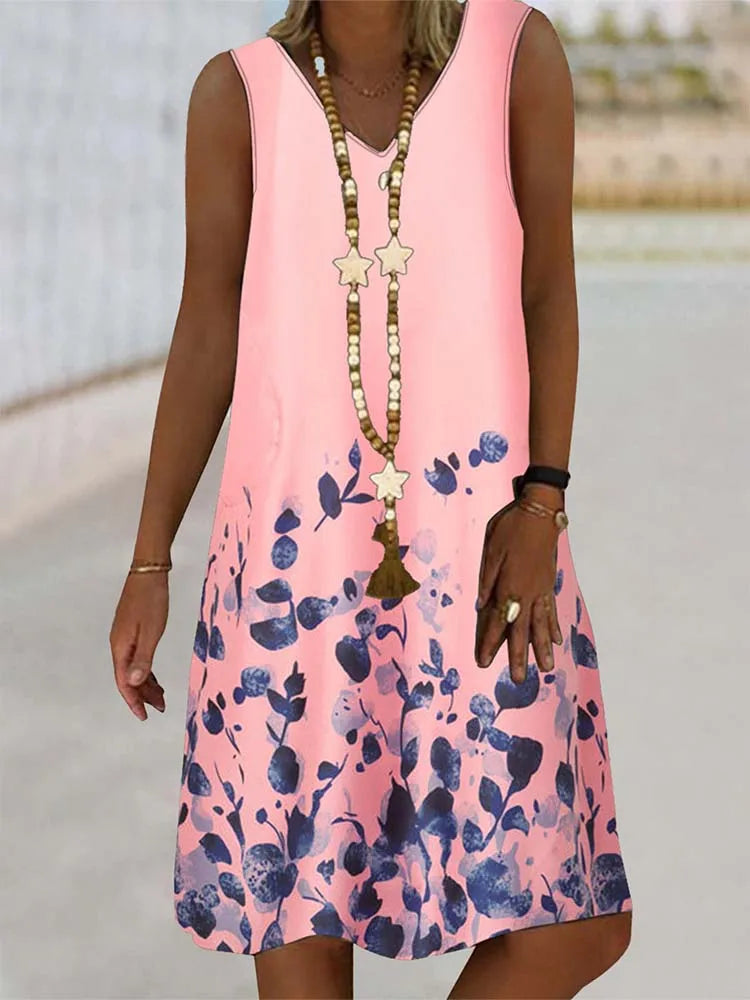 Women's Sleeveless V-Neck Dress Plant Print - Beachwear