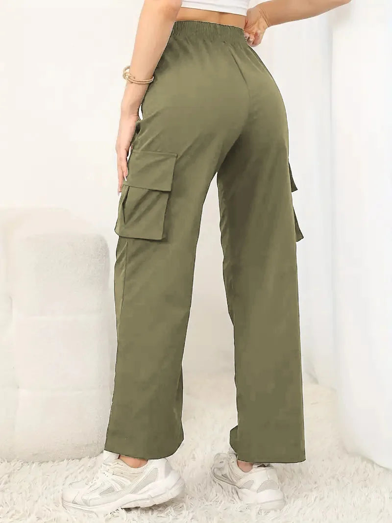 Womens Cargo Pants Regular Fit Polyester Solid High Waist