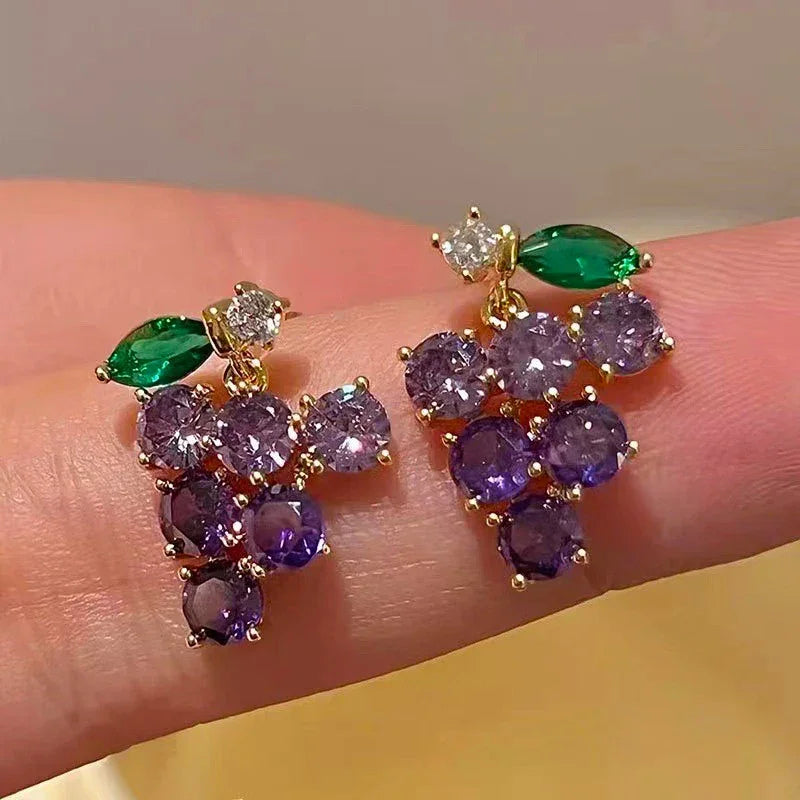 Purple Rhinestone Grape Pendant Stud Earrings Fashion