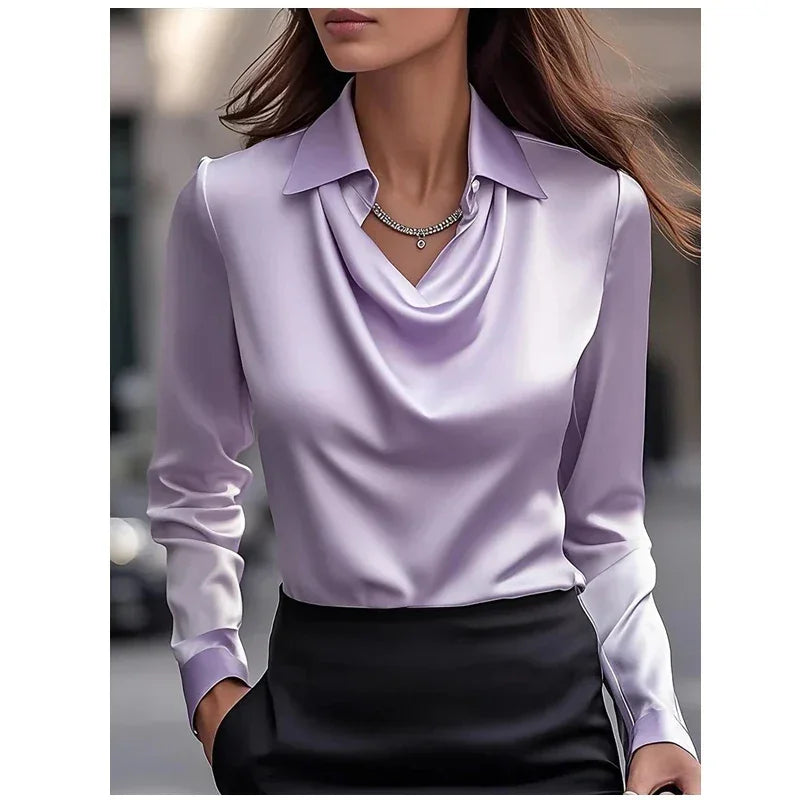 Solid Color Blouse Full Sleeve Swing Collar Pullover Shirt