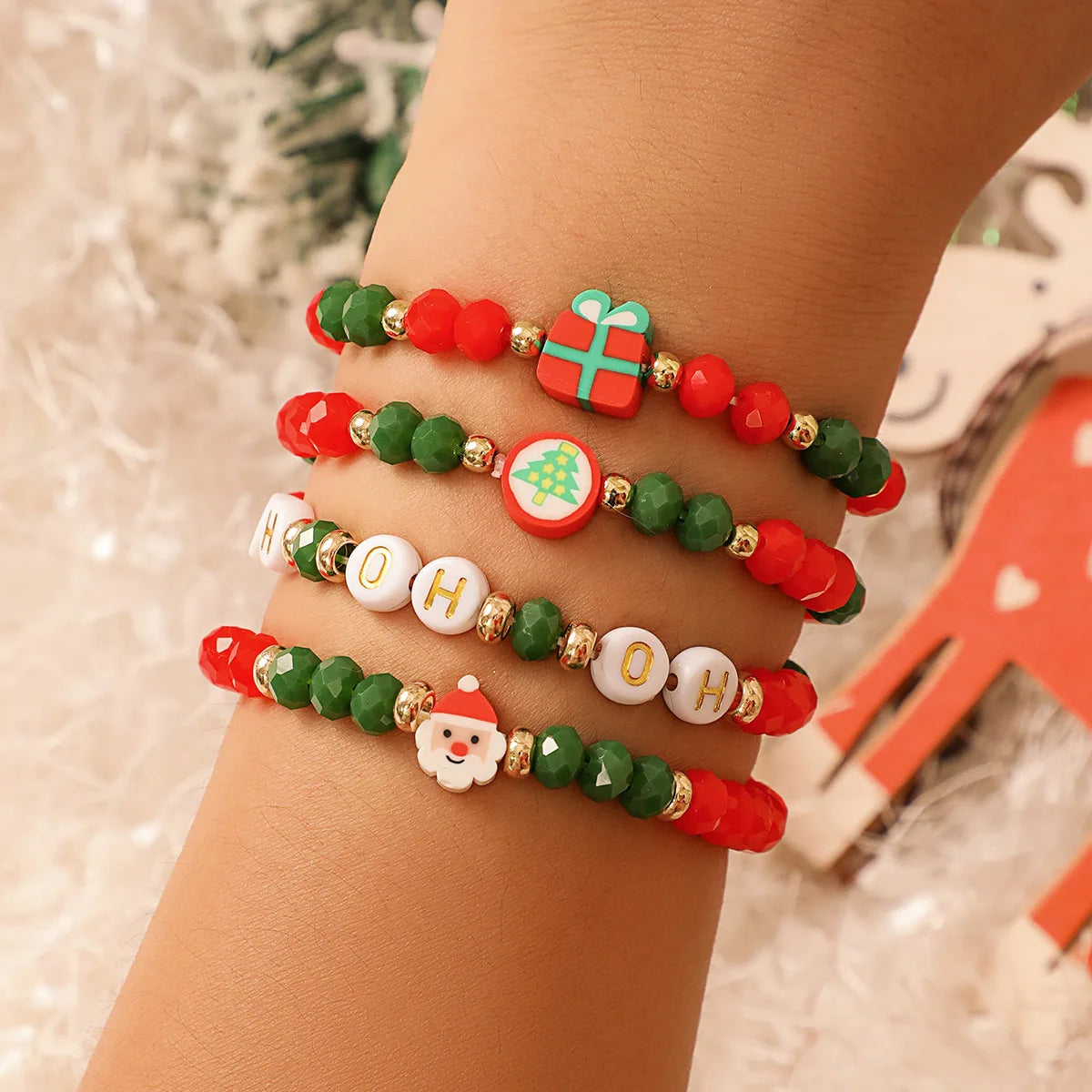 Snowman Ceramic Beads Bracelet Soft Elastic Christmas Gift