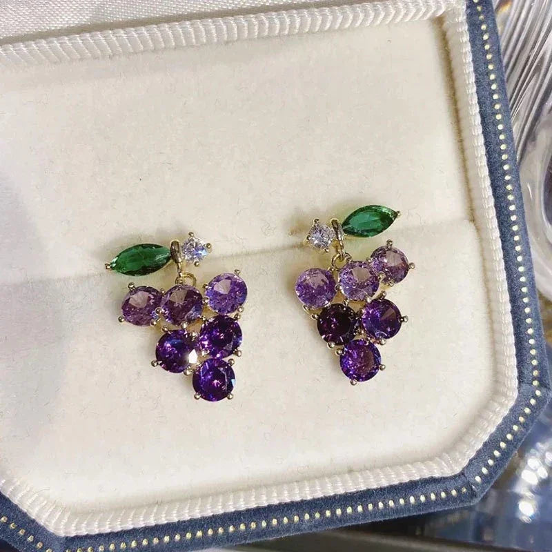 Purple Rhinestone Grape Pendant Stud Earrings Fashion
