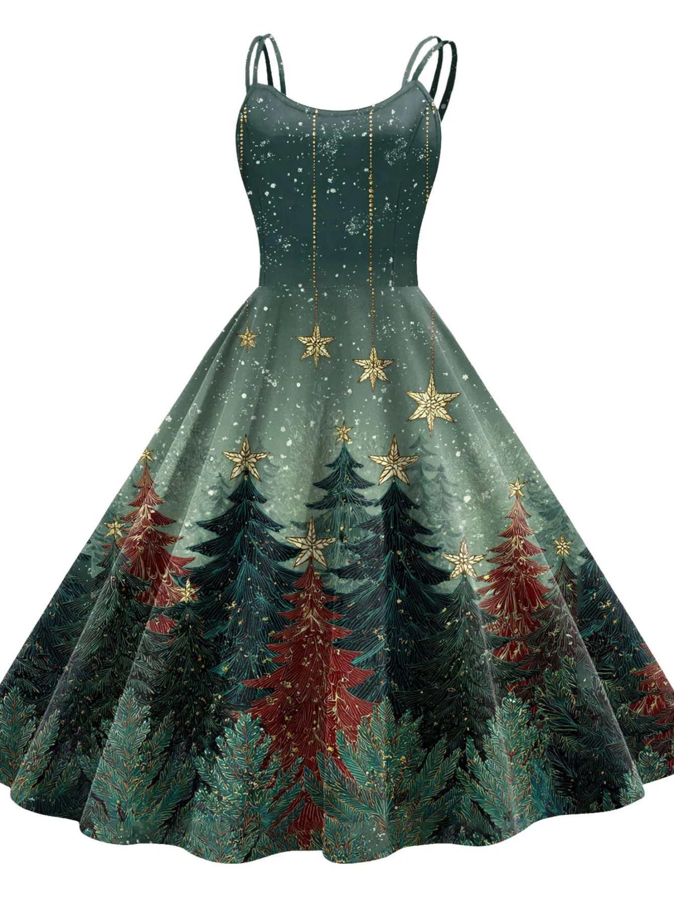 Retro Paint Print Christmas Tree Sleeveless Midi Dress