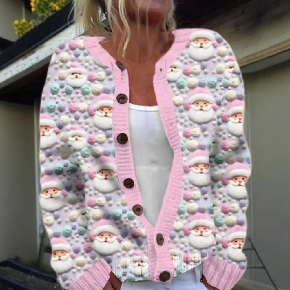 Cardigan Coat Round Neck Festive 3D Christmas Print Jacket
